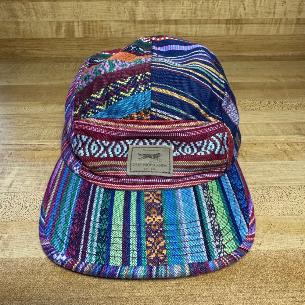 Obey Propaganda 5 Panel Camper Hat Baja Drug Rug Multi Color leather Strapback